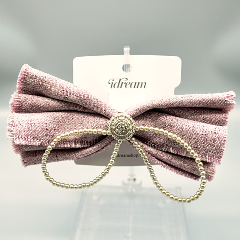 Velvet Bow Hair Clip with Pearl Chain - Purple, Gold