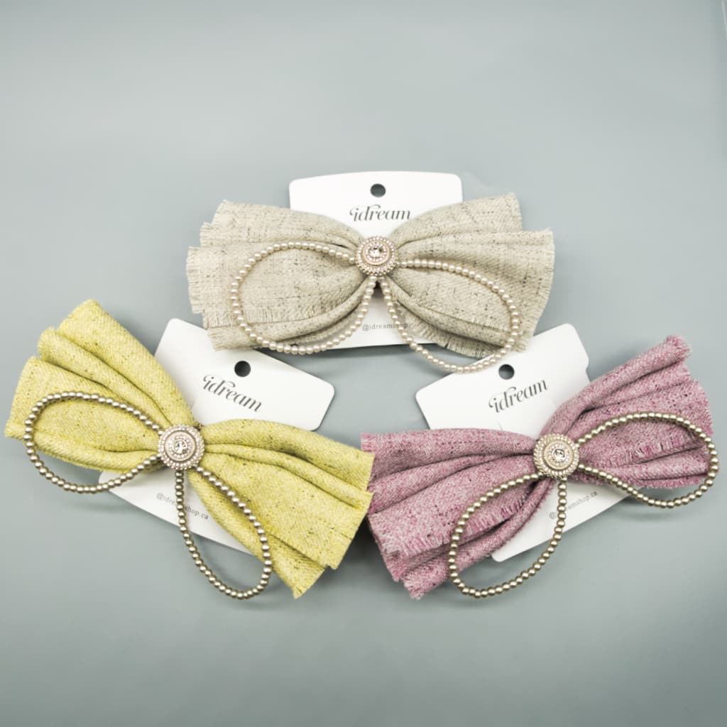 Velvet Bow Hair Clip with Pearl Chain - View 2