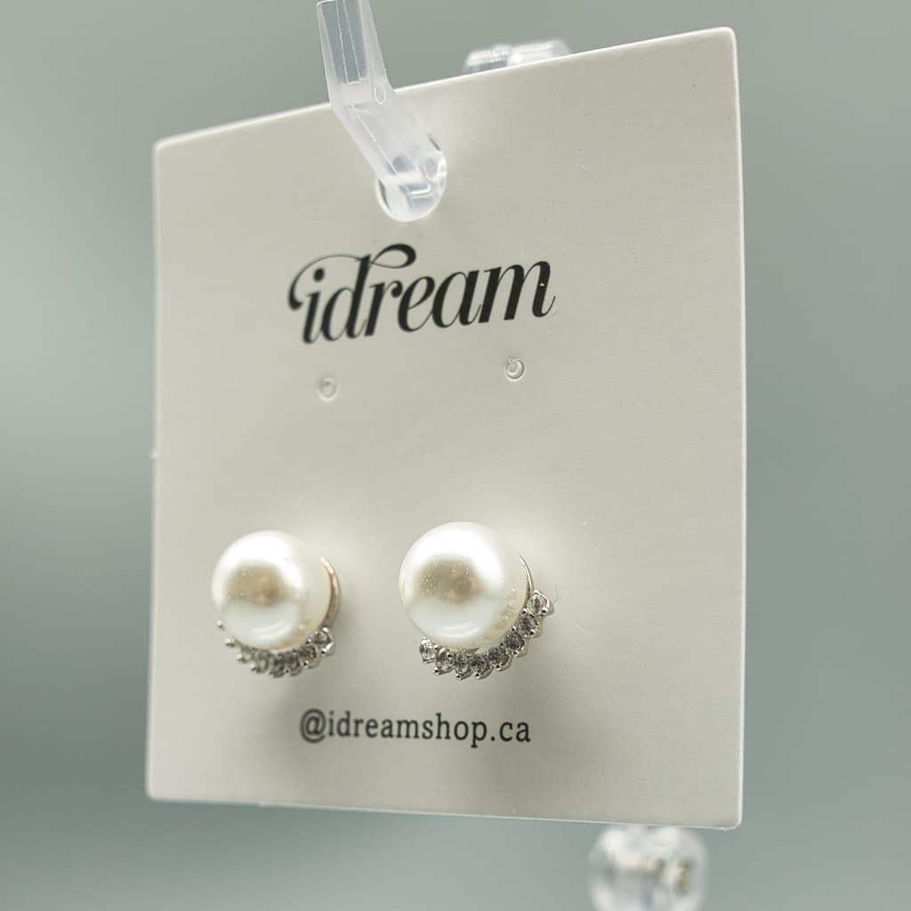 Elegant Pearl Stud Earrings with Crystal Accents - View 2