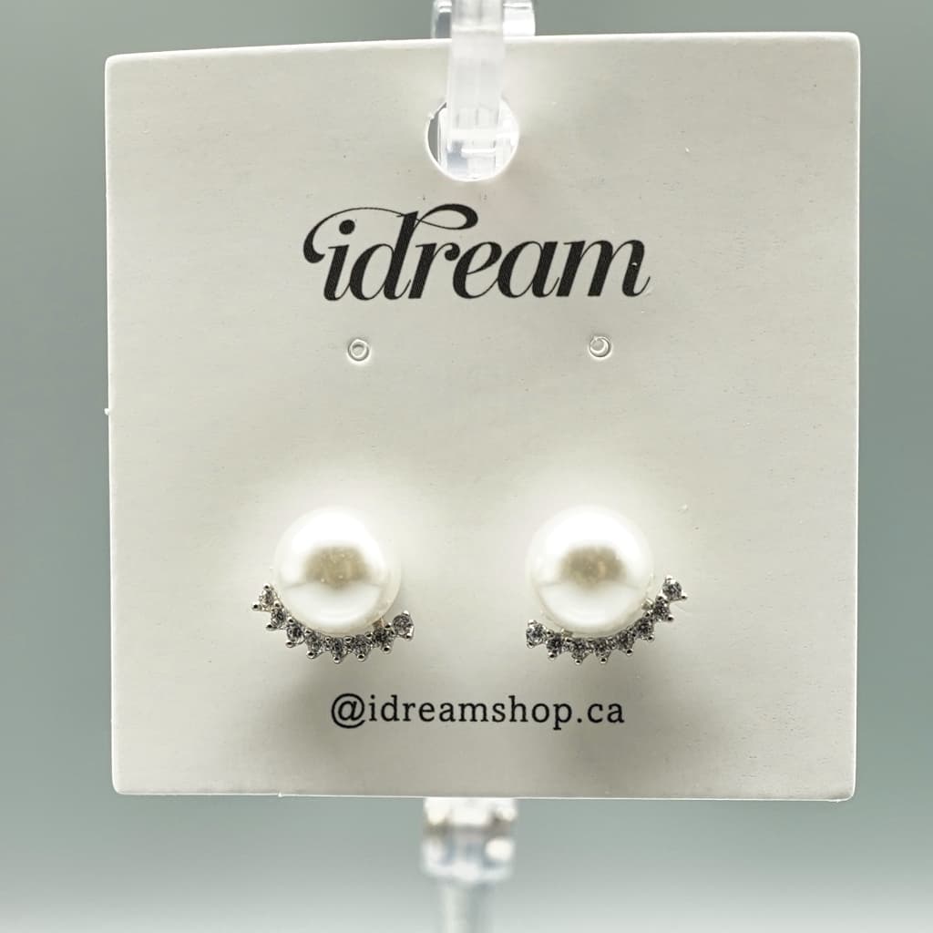 Elegant Pearl Stud Earrings with Crystal Accents - Silver, White