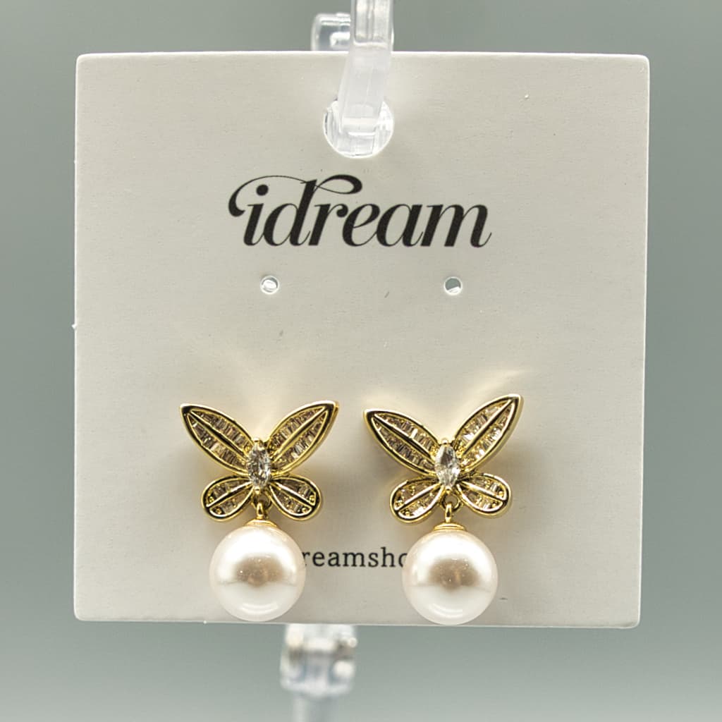 Butterfly Pearl Drop Earrings - Gold, White