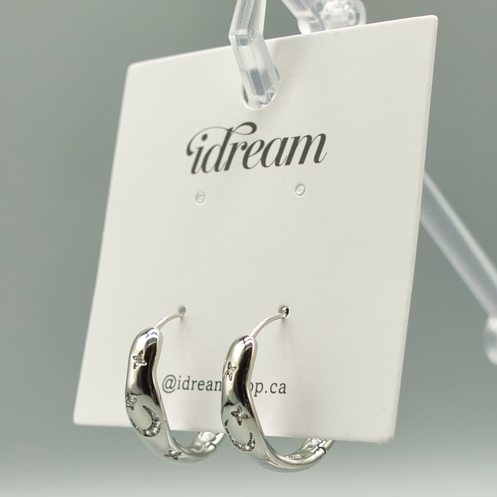 Crescent Moon & Star Silver Hoop Earrings - View 2