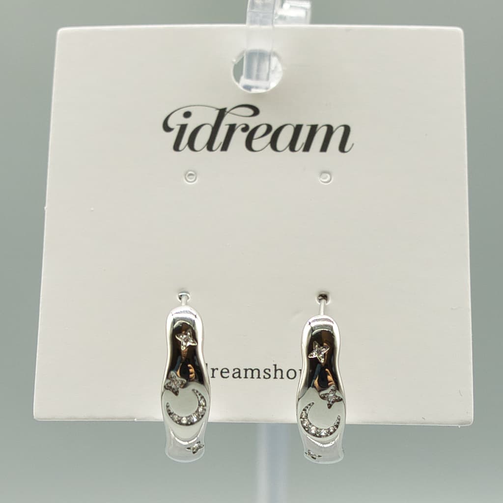 Crescent Moon & Star Silver Hoop Earrings - Silver