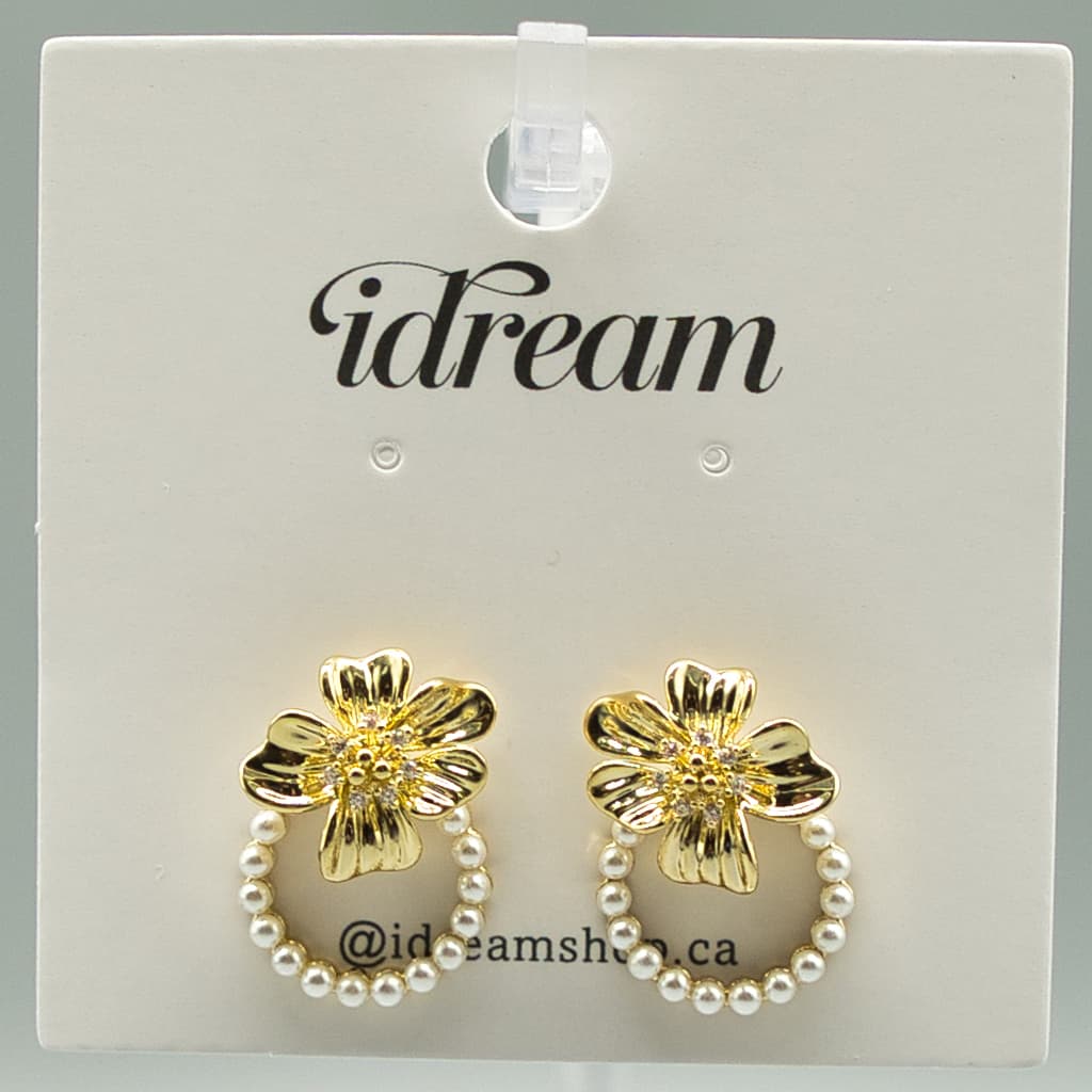Floral Pearl Hoop Earrings - Gold, White