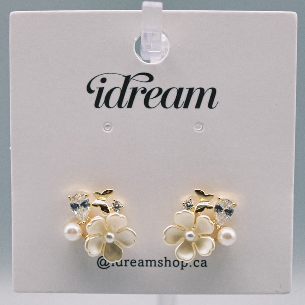 Enamel Flower Pearl Stud Earrings - Gold, White